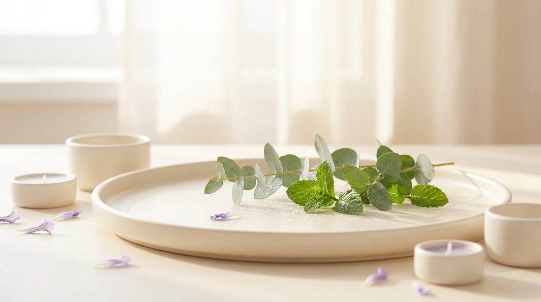 Fresh eucalyptus and mint sprigs on a cream tray in soft light, evoking natural intimate freshness