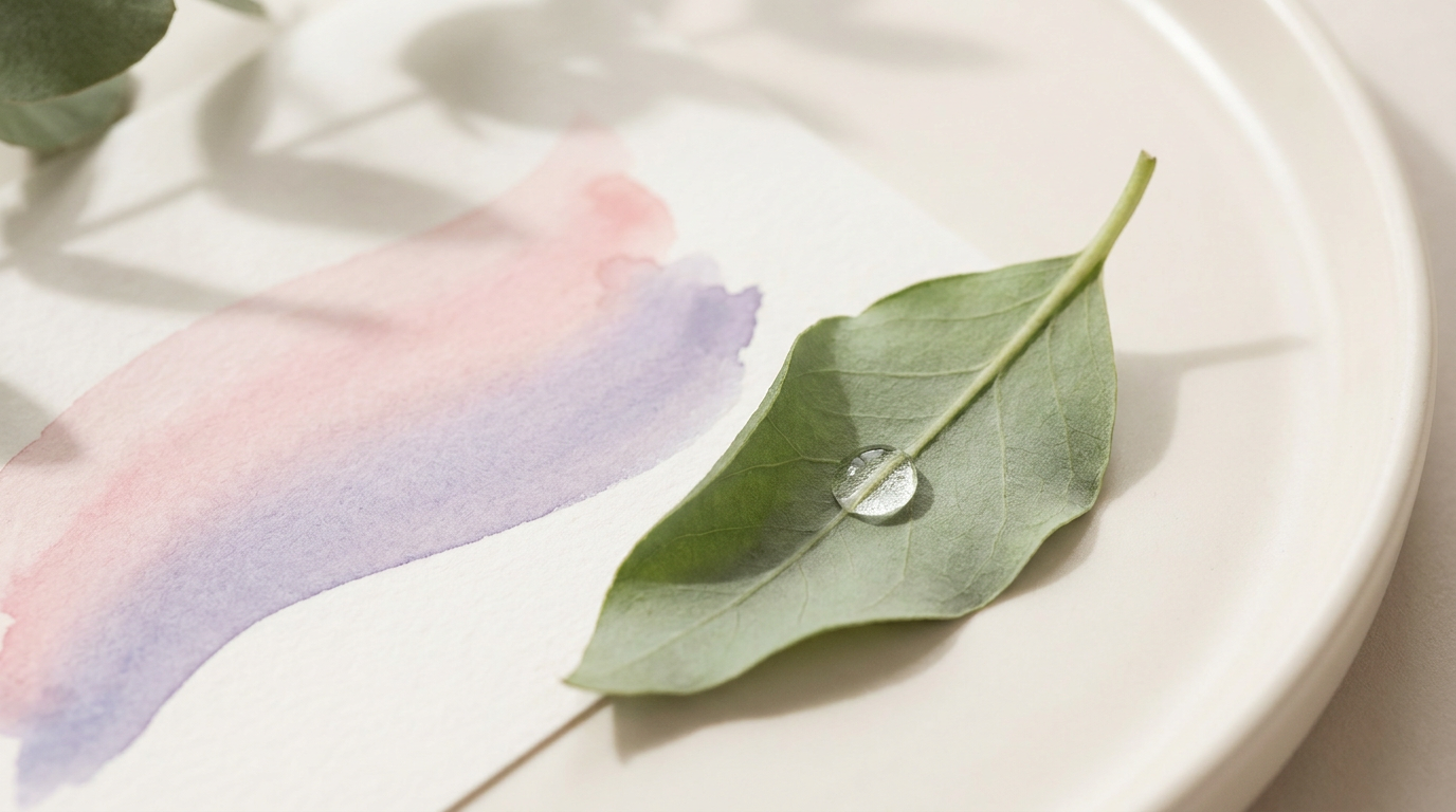 A water droplet on a green leaf beside soft pink and lavender watercolor tones, representing balanced vaginal pH