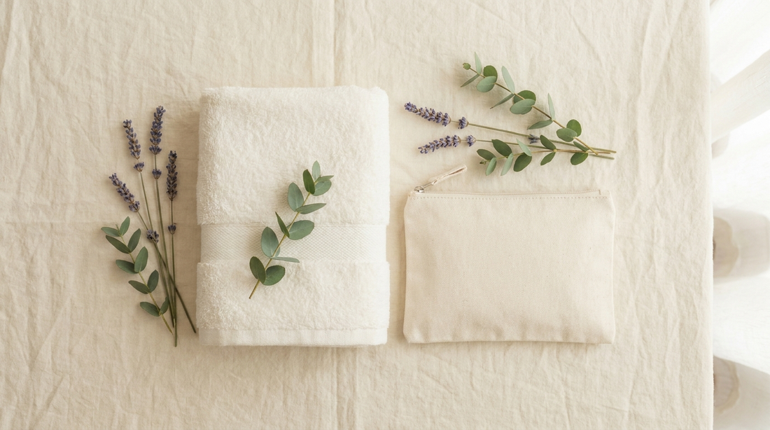Folded soft cotton cloth and a travel pouch with lavender and eucalyptus on cream linen, evoking gentle on-the-go intimate care