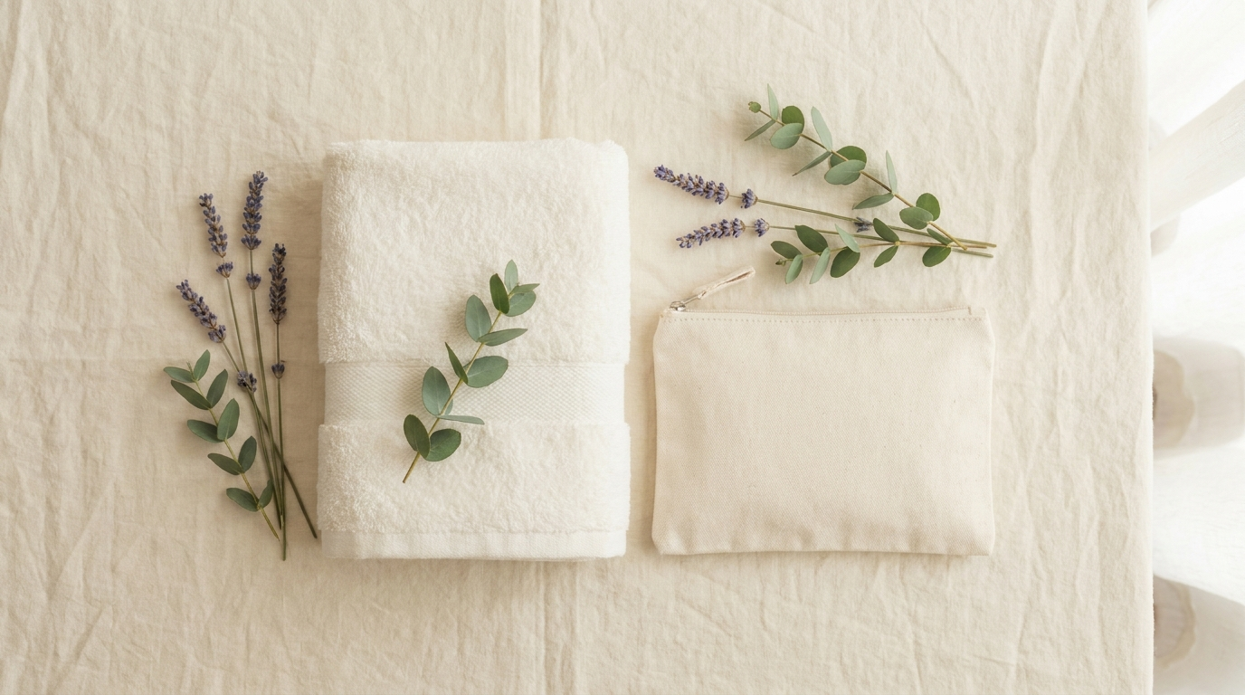 Folded soft cotton cloth and a travel pouch with lavender and eucalyptus on cream linen, evoking gentle on-the-go intimate care