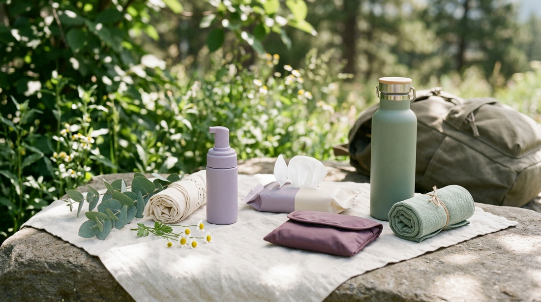 Intimate cleansing foam, wipes, and a travel pouch arranged on linen outdoors with eucalyptus, chamomile, a water bottle, and a daypack.