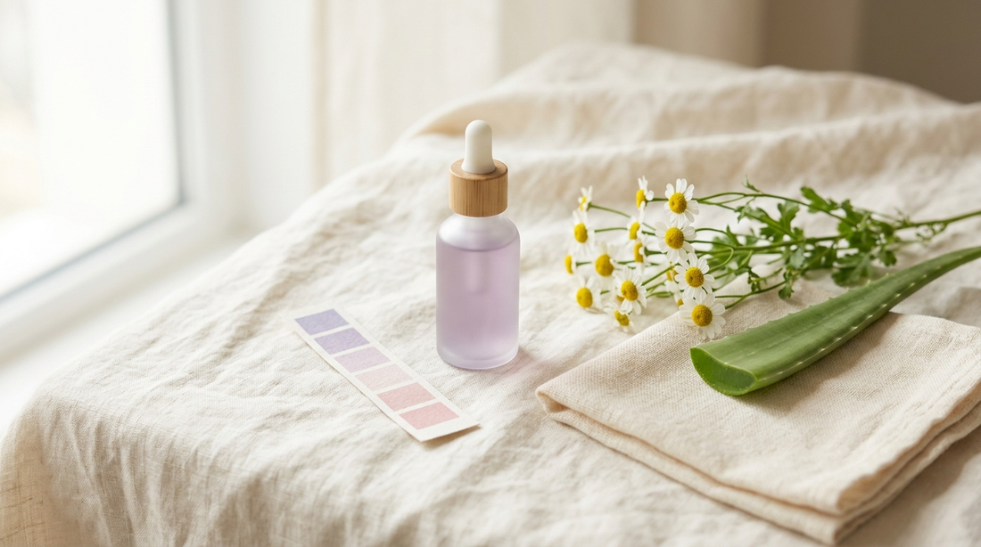 Soft-lit wellness flat lay with a lavender dropper bottle, a pastel pH strip, chamomile and aloe on cream linen.