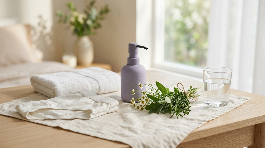 Calm scene with a folded cotton towel and breathable cotton underwear, a lavender pump bottle, fresh herbs and a glass of water.