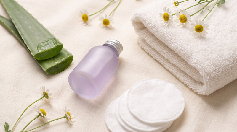 Soothing flat lay with aloe vera, a lavender bottle, cotton pads, chamomile and a soft towel on cream linen.