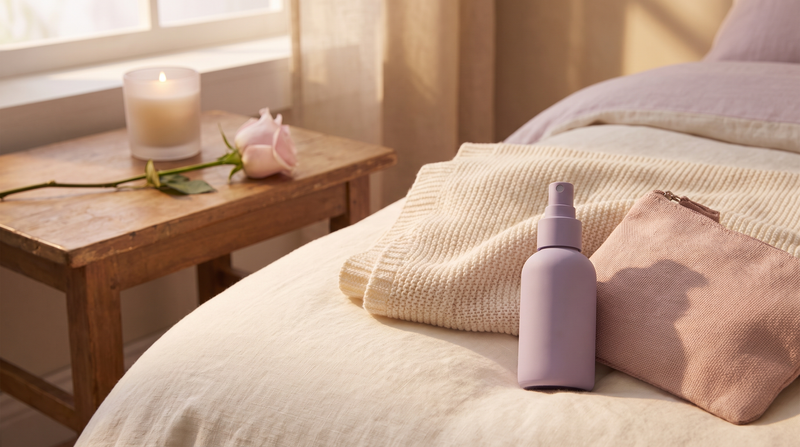 Warm bedside scene with a candle, a pink rose, a lavender mist bottle and a soft pouch on cream and lavender linens.