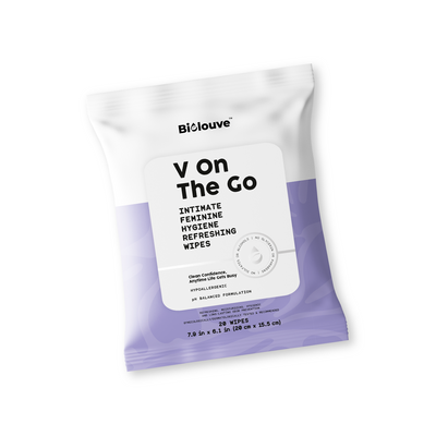 V On The Go intimate hygiene wipes pack in white and lavender packaging
