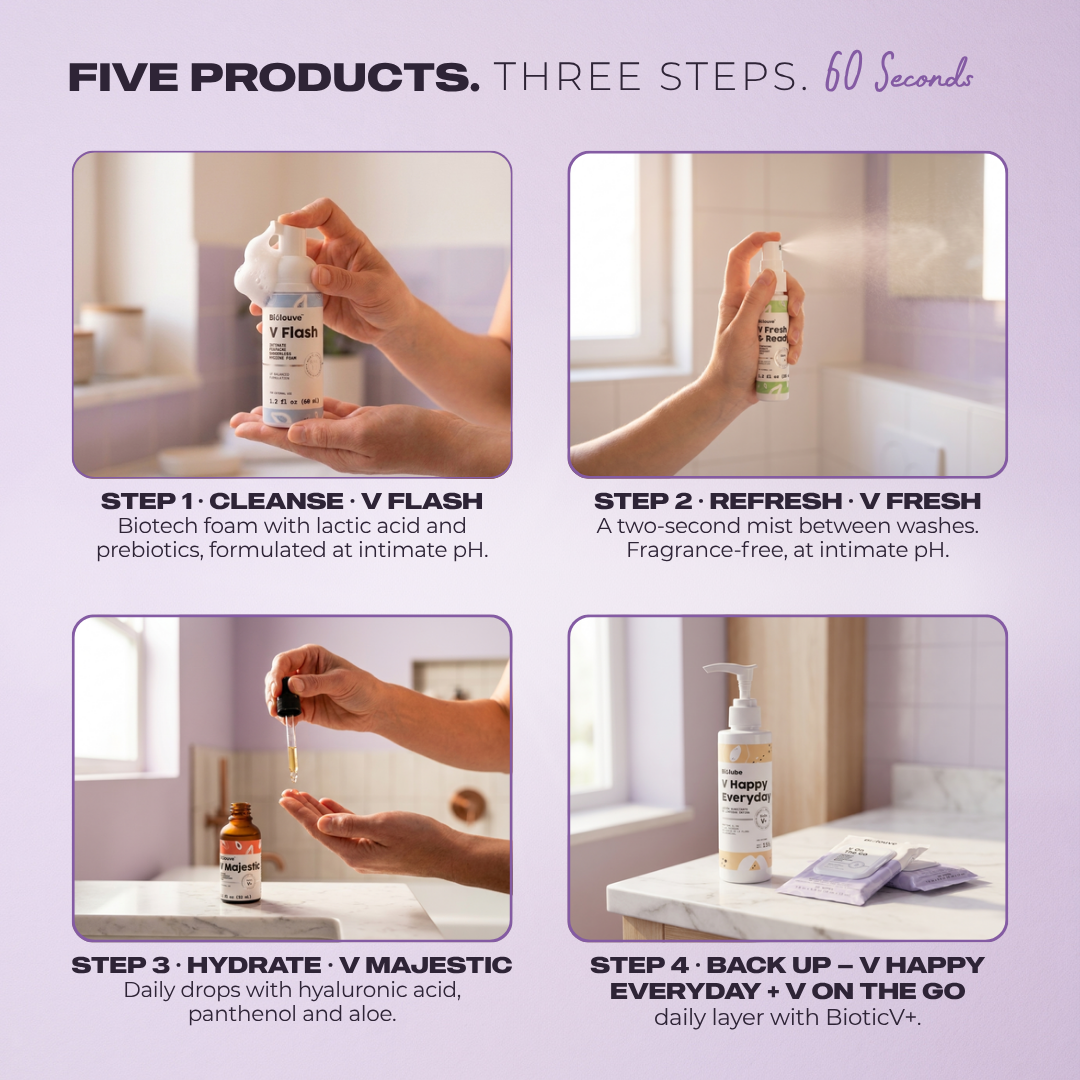 Queen's Routine steps: cleanse with V Flash, refresh with V Fresh, hydrate with V Majestic, back up with V Happy and V On The Go