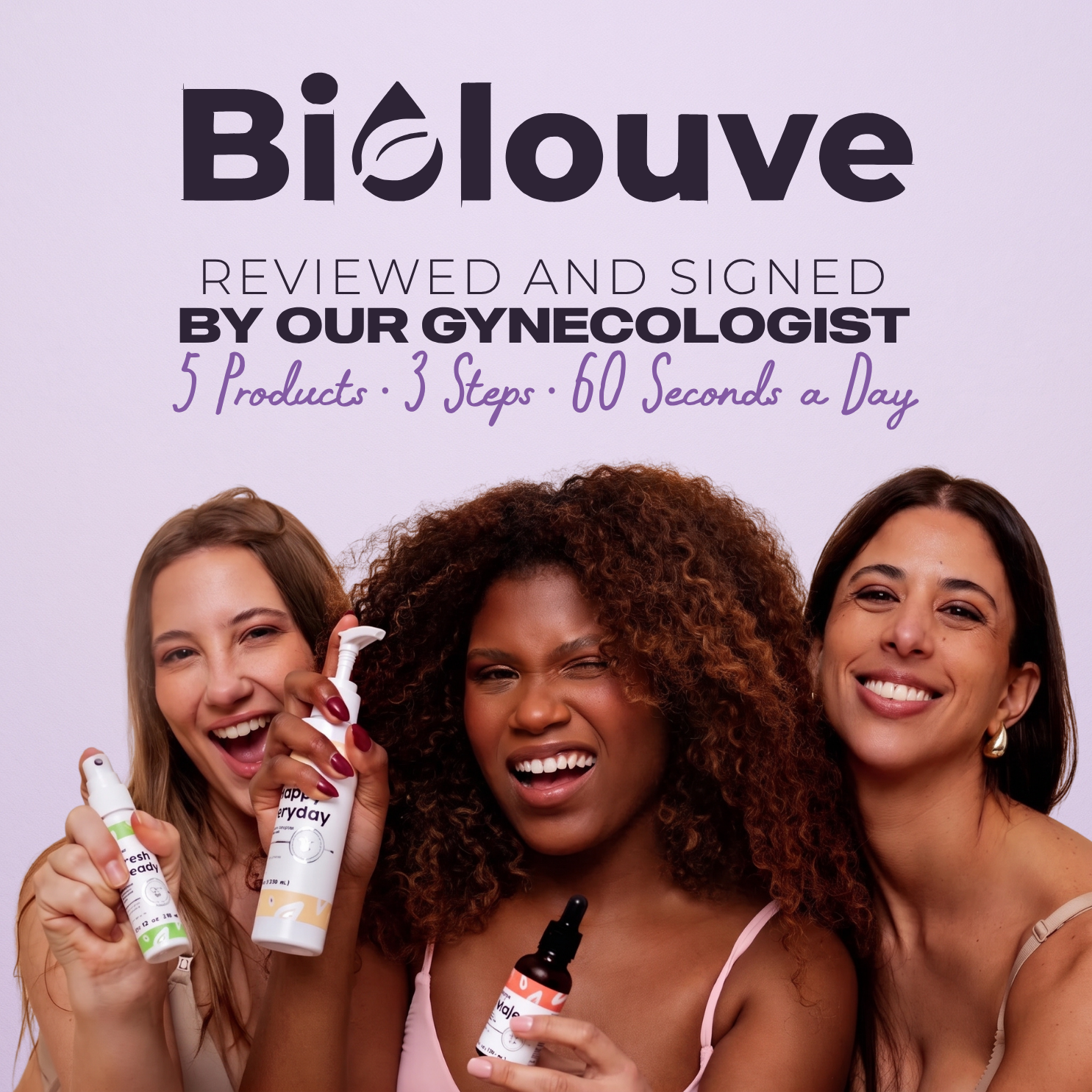 Three smiling women holding Biolouve products under the Biolouve logo