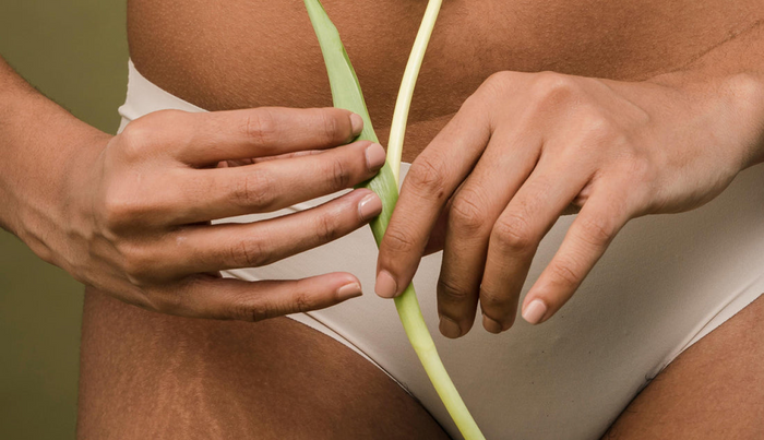 Woman holding fresh aloe vera leaf against skin representing natural intimate hydration and dryness relief