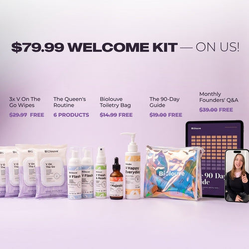 Queen's Routine welcome kit with three V On The Go packs, the five-product routine, a Biolouve toiletry bag and a 90-day guide
