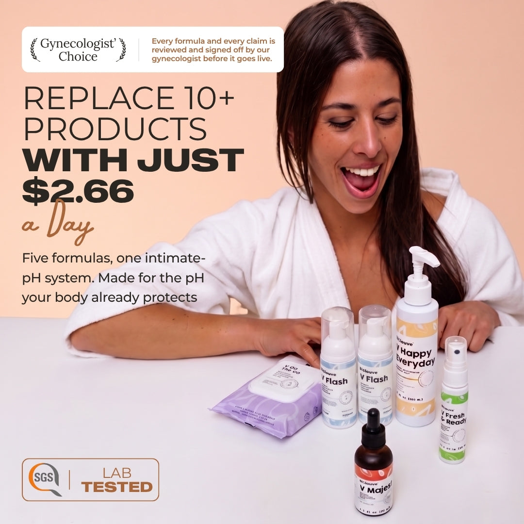 Smiling woman in a white robe behind the five Queen's Routine products