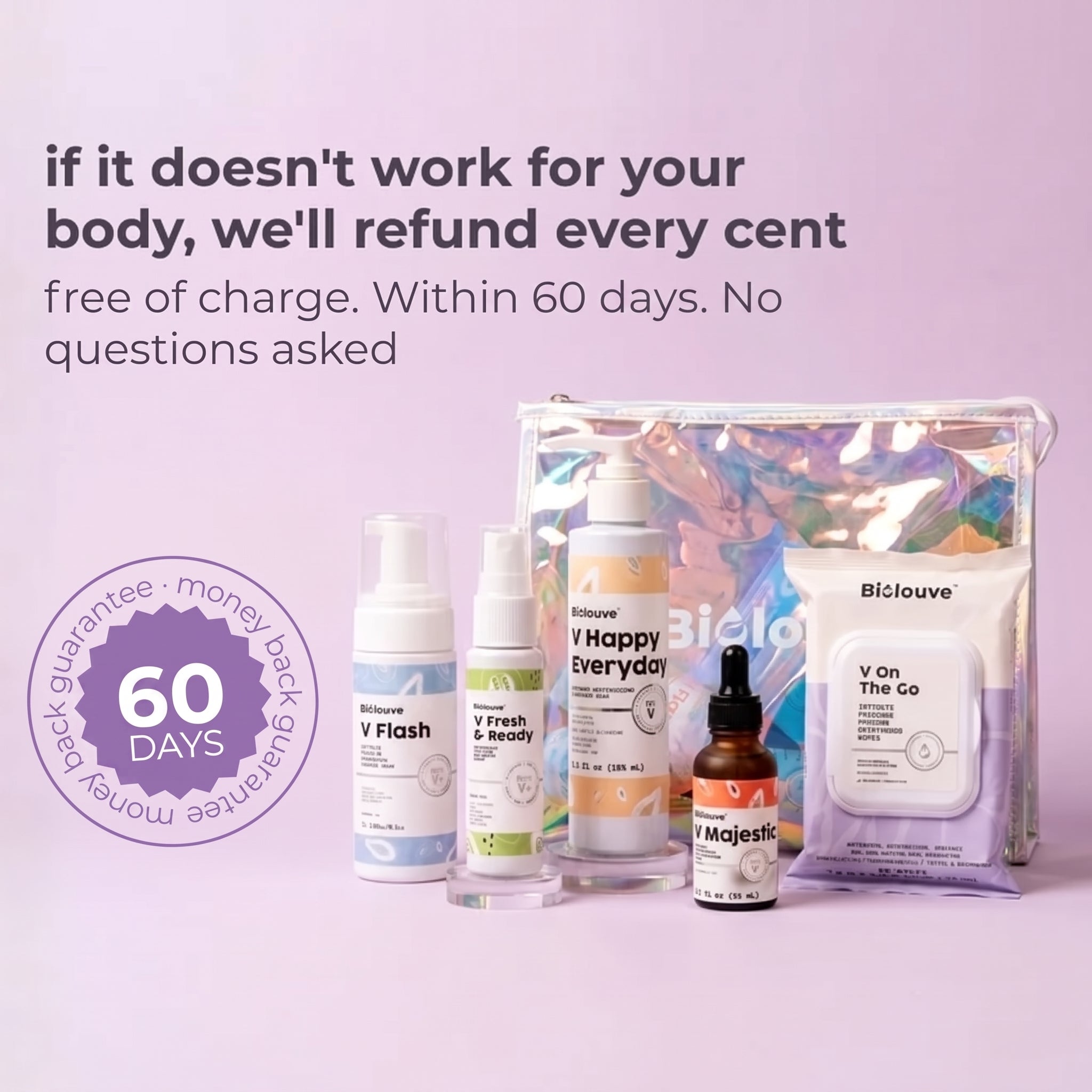 Queen's Routine products with an iridescent toiletry bag and a 60-day money-back guarantee badge