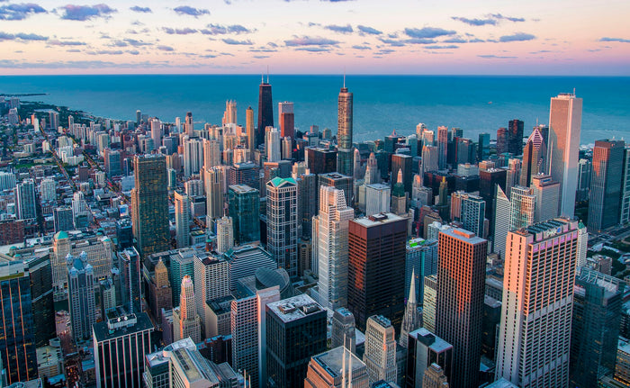 Chicago River with downtown buildings and bridges