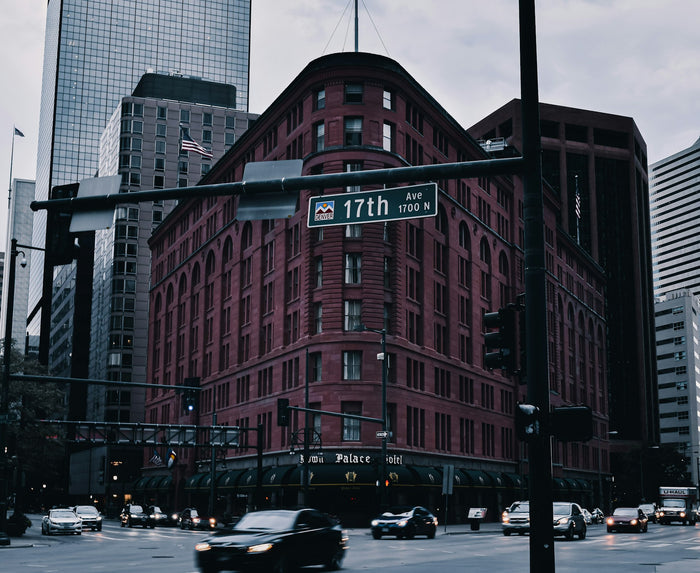Downtown Denver street scene with mountain views