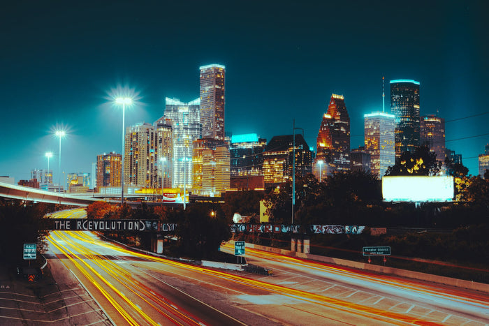 Houston skyline with ferris wheel and urban park