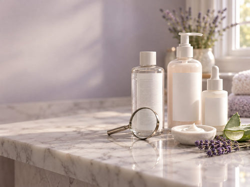 Unbranded skincare bottles on a marble counter, one showing its ingredient list beside a magnifying glass, with lavender and aloe