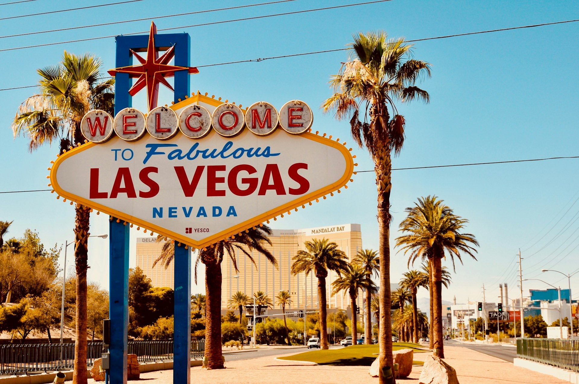 Las Vegas Strip at night with illuminated casino resorts and neon lights