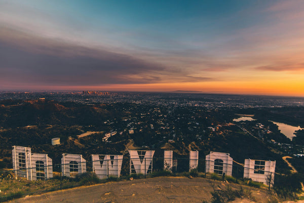Los Angeles skyline with palm trees and mountains at golden hour