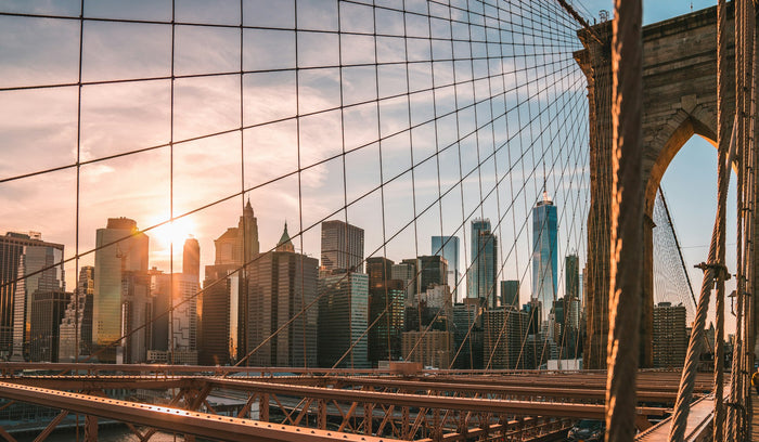 Brooklyn Bridge walkway with Manhattan skyline in background