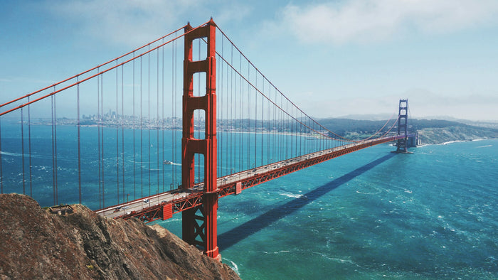 Golden Gate area Bay view with fog and green hills