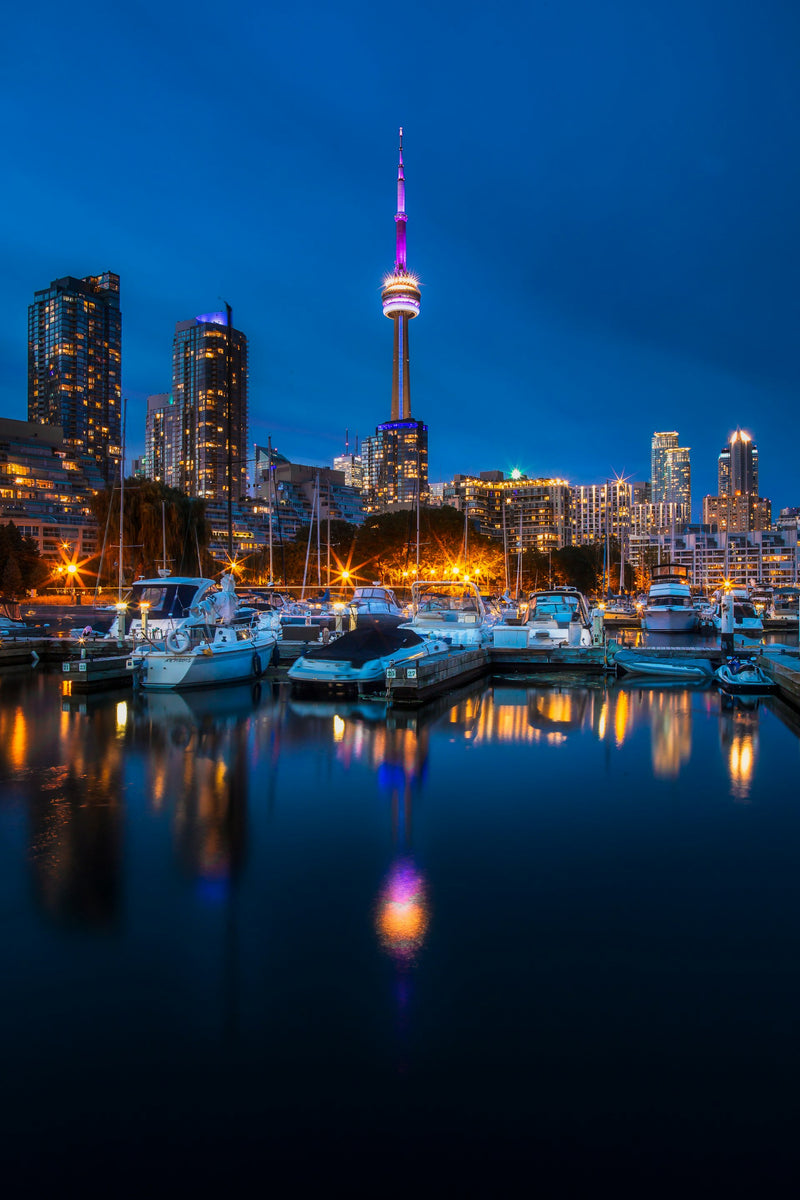 Marina with boats and Florida city skyline