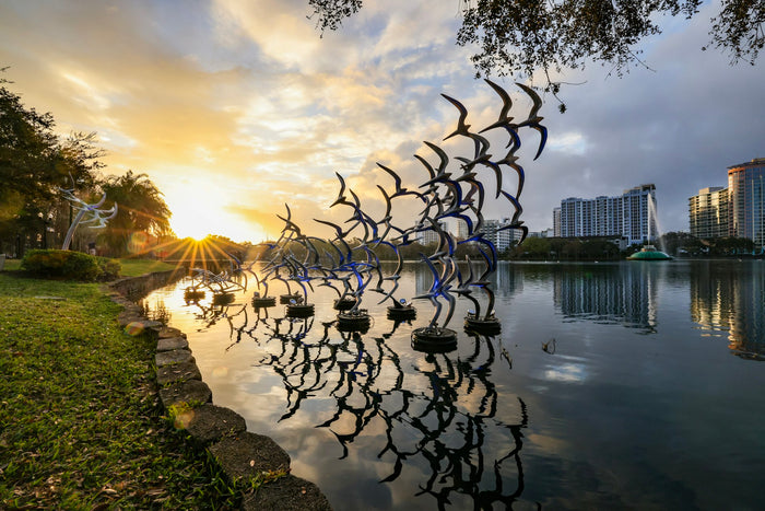 A body of water surrounded by trees and buildings