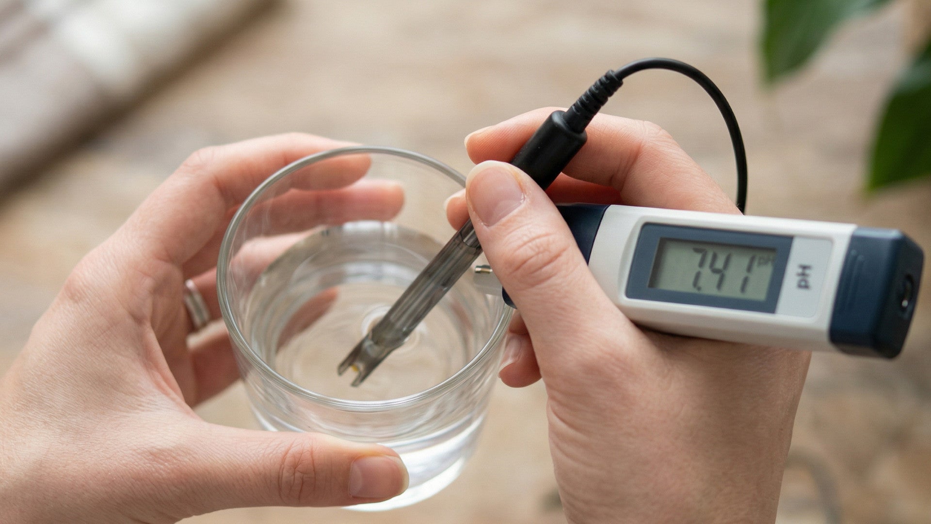 Hands holding digital pH meter testing water in glass representing intimate pH balance measurement