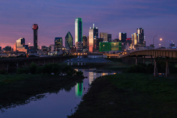 Dallas Texas skyline at night near Plano