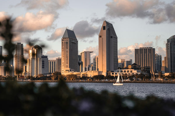 San Diego skyline from Coronado Beach at sunset