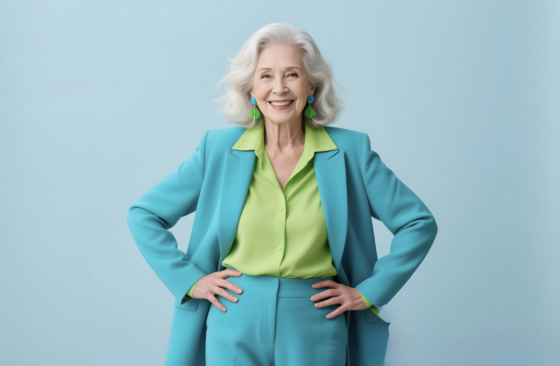 Confident smiling mature woman with silver hair in teal blazer representing menopause wellness and vitality